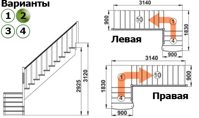 Лестница  К-002м/2 Л c подступенками сосна (6 уп)